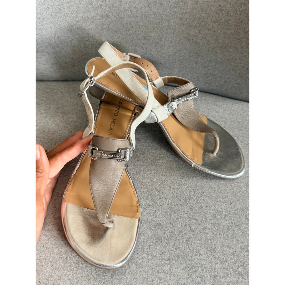 Antonio Melani thong sandals small silver mirrored wedge heel 7.5 leather